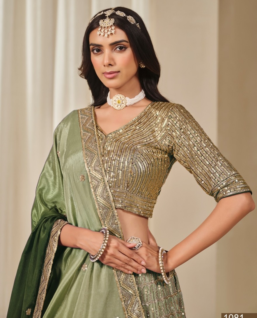1081-green - Embroidered Work Chinon Designer Lehenga Choli in Olive for Women